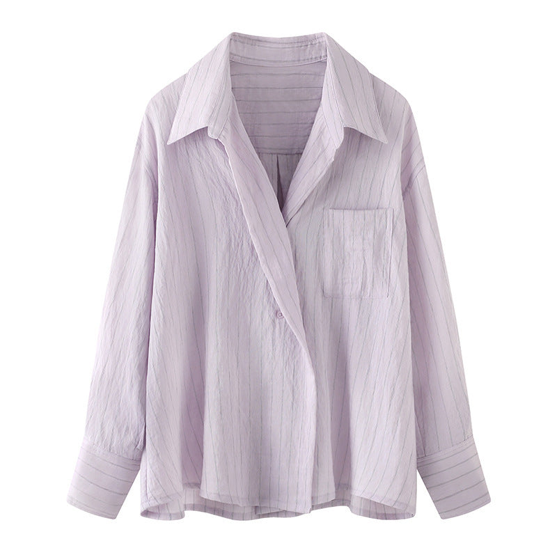 Autumn New Elegant Striped Patch Pocket Shirt Top For Women