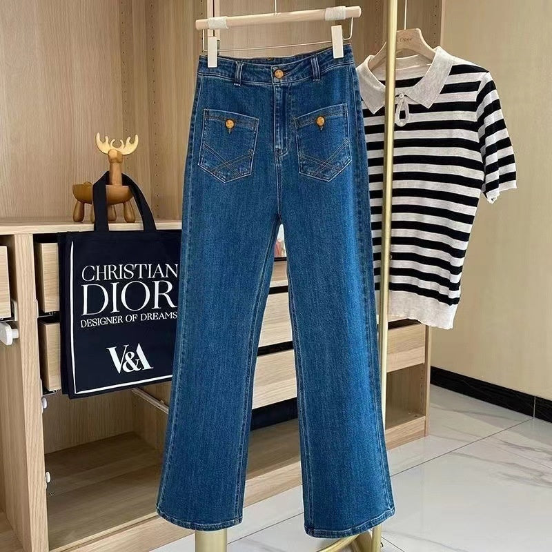 French Retro Blue High Waist Jeans Ladies New