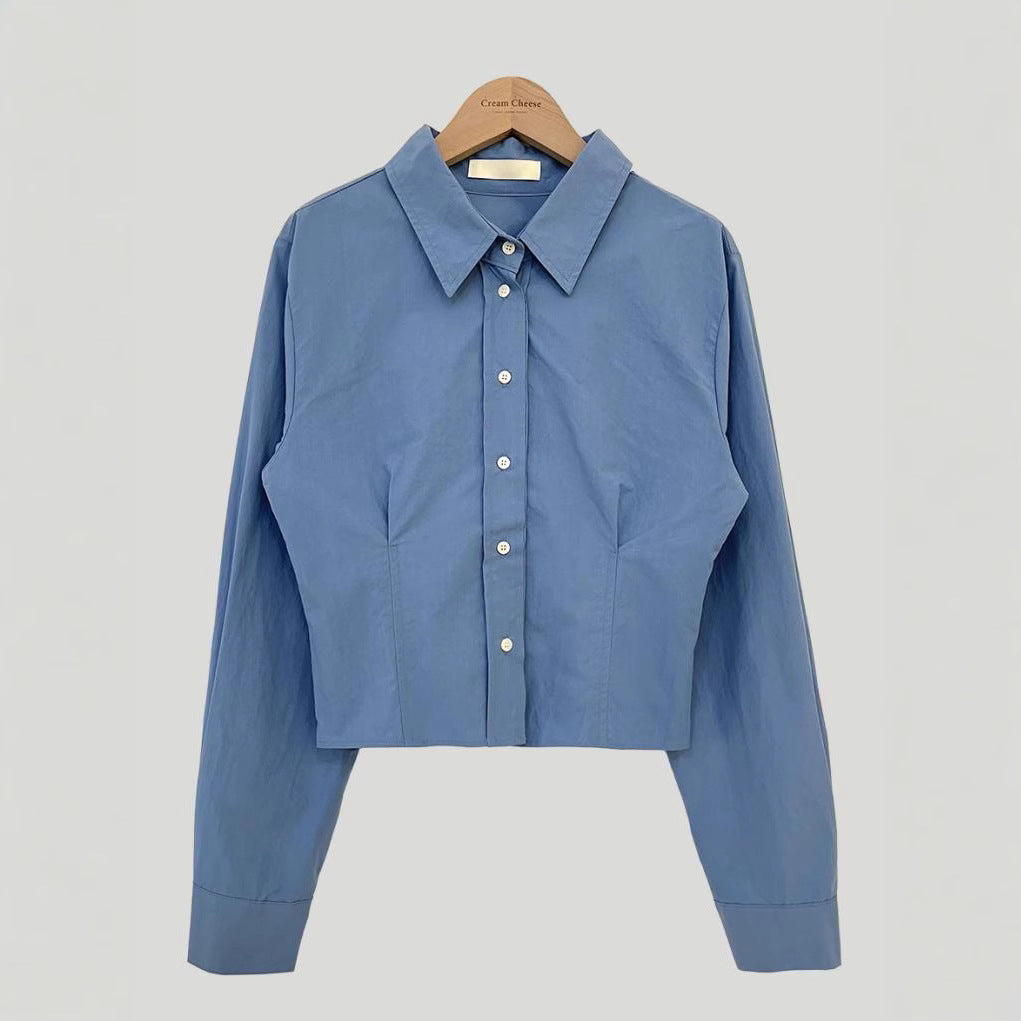 Waist-tight Slimming And Short Long-sleeved Shirt Women's Lapel Shirt