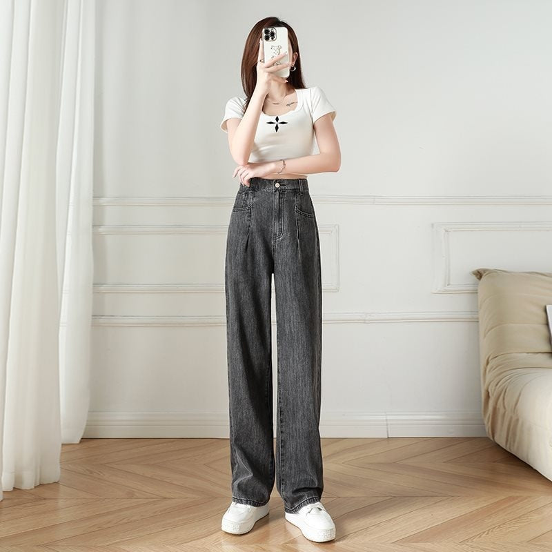 Elastic Waist Straight Jeans Women's Summer Thin High Wide-leg Pants
