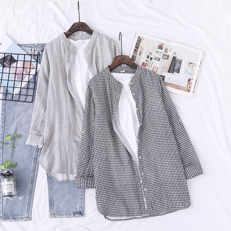 Stand Collar Double-layer Yarn Long Sleeve Blouse Loose