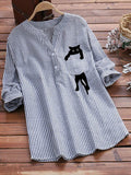 Women's Striped Cotton And Linen Pocket Printed Casual V-neck Long Sleeve Shirt