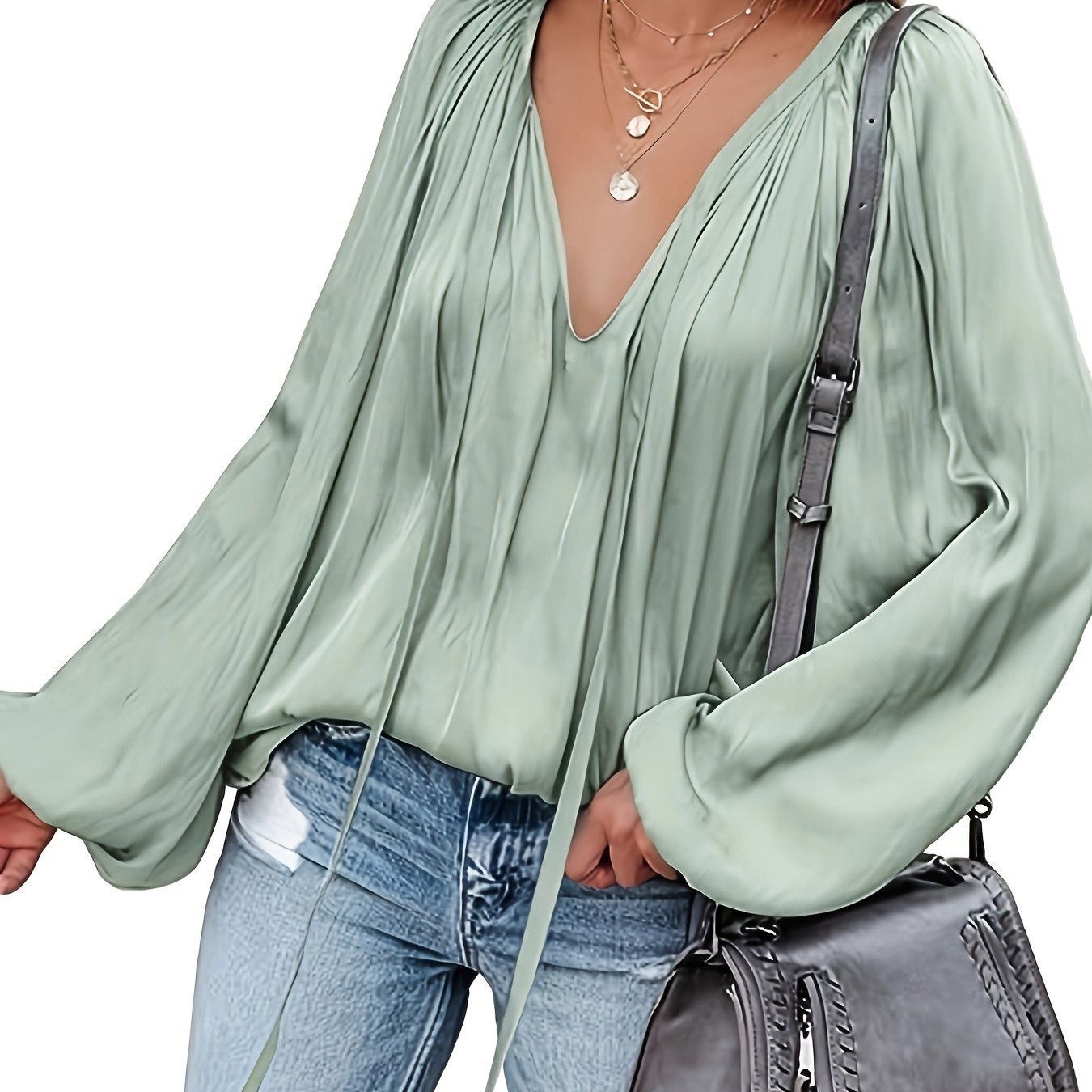 Women's Satin V-neck Long Sleeve Shirt Casual